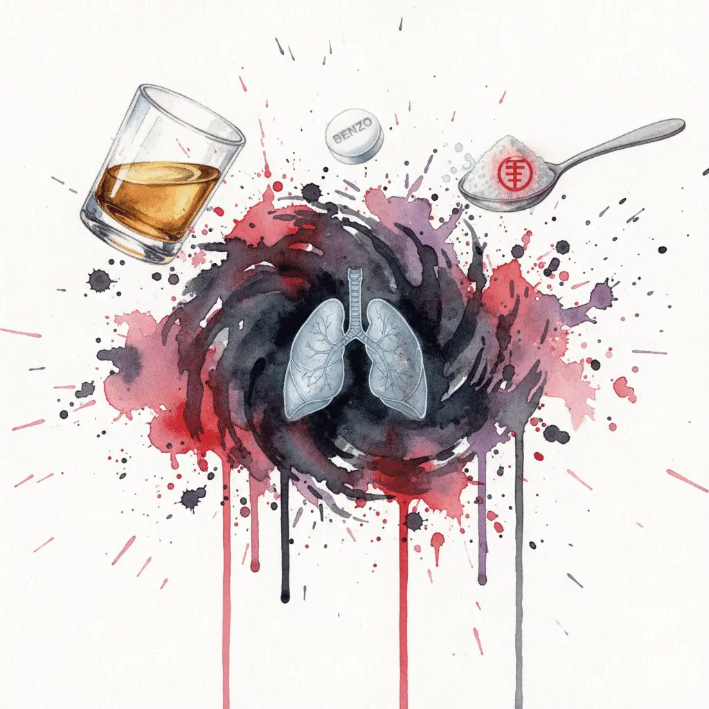 Symbolische Darstellung der tödlichen Gefahr von Mischkonsum von Benzodiazepinen mit Alkohol oder Opioiden, die zu Atemstillstand führt.