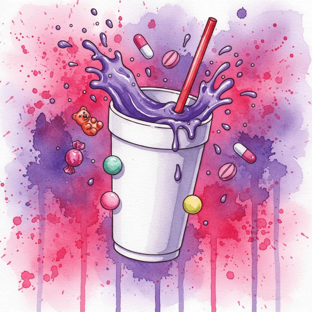 Künstlerische Darstellung von "Lean" oder "Purple Drank" in einem Styroporbecher, als Symbol für den Codein-Hype in der Hip-Hop-Kultur.