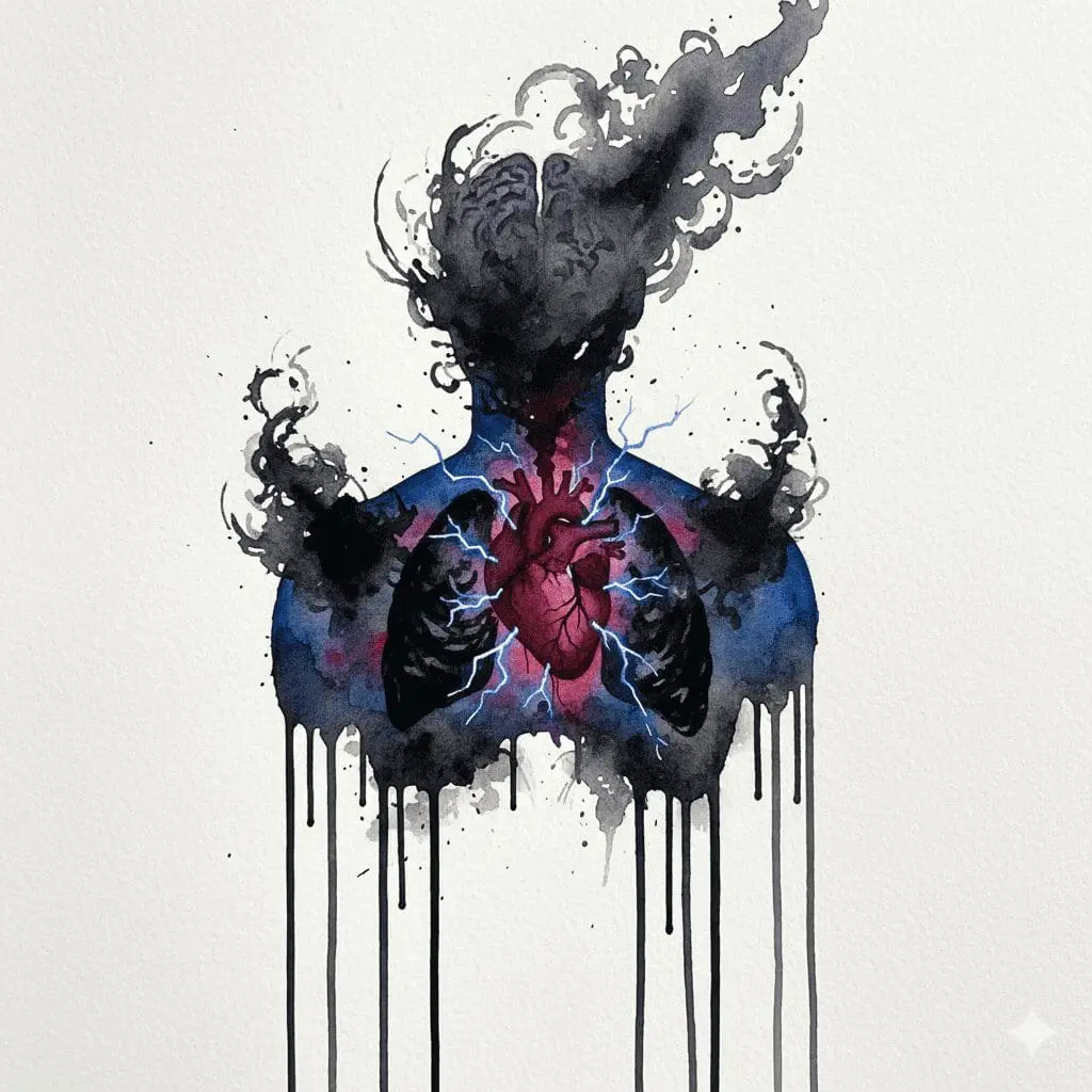 Symbolische Darstellung der verheerenden körperlichen Langzeitfolgen von Crack-Konsum auf Lunge, Herz und Gehirn.