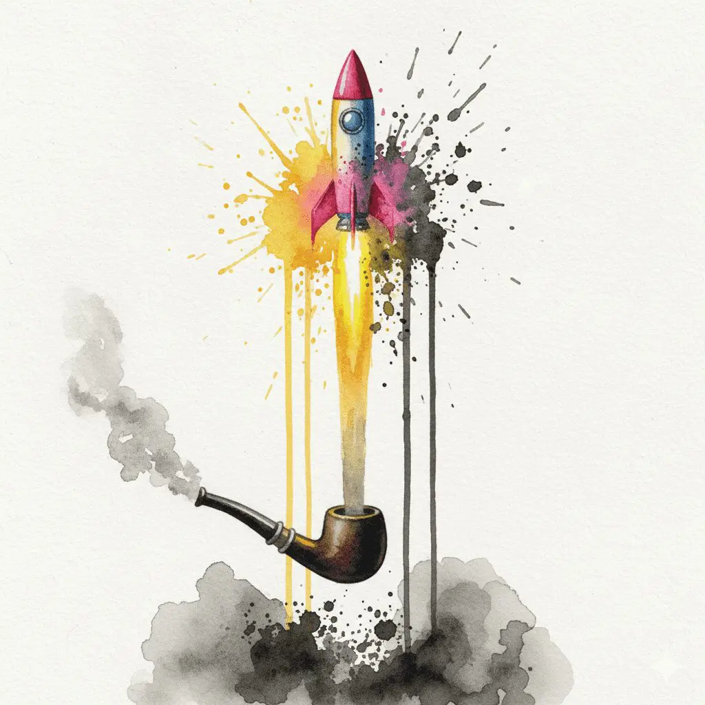 Künstlerische Darstellung des Rausches und Absturzes von Crack, gezeigt als eine Rakete, die explodiert und als Asche herabfällt.