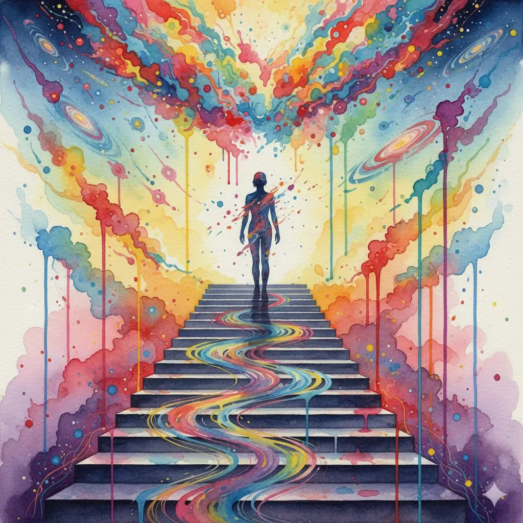 Künstlerische Darstellung der vier Plateaus eines DXM-Trips, von leichter Euphorie bis zur kompletten Dissoziation.