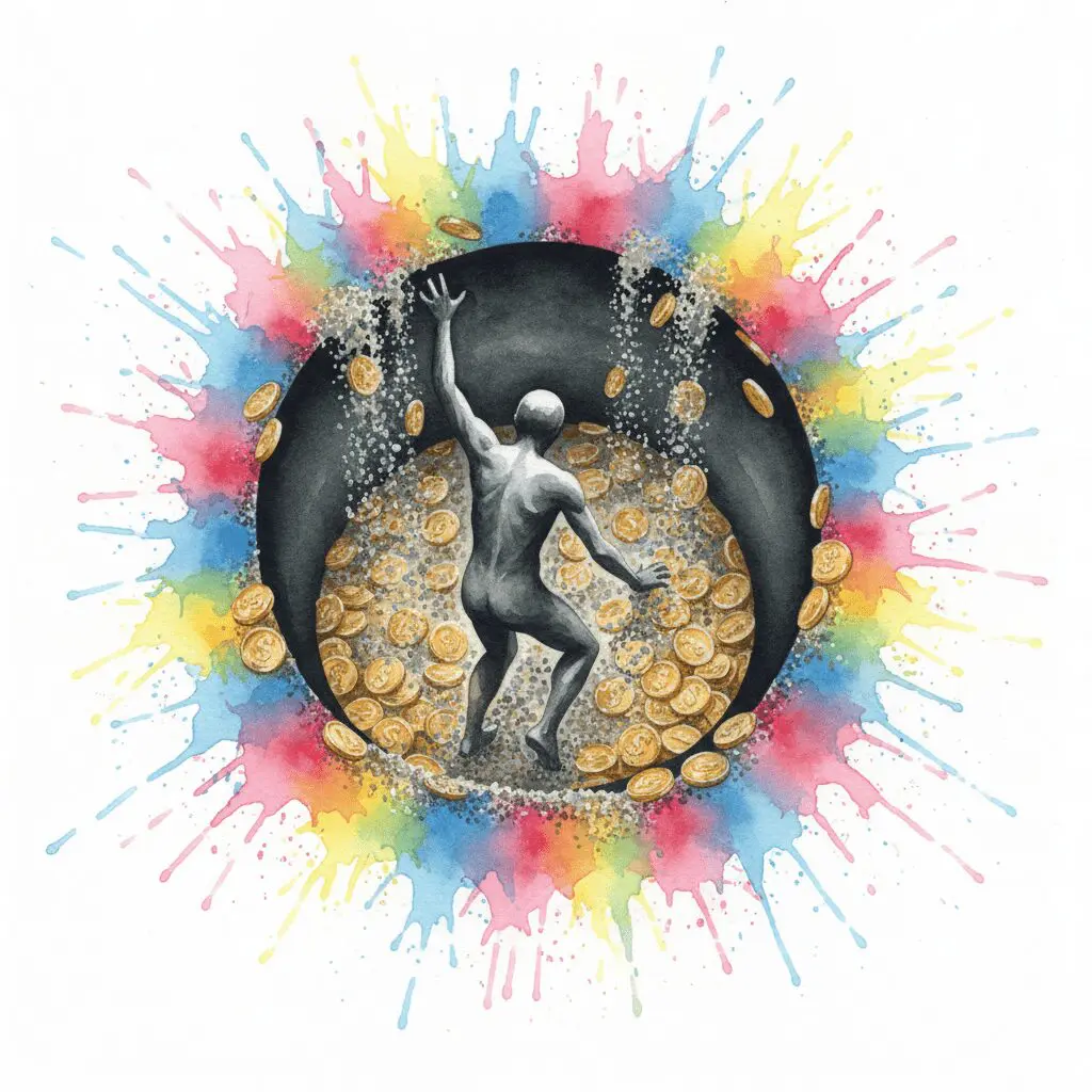 Alt-Text: Symbolische Darstellung des "Verluste Jagens" bei Glücksspielsucht, bei dem der Versuch, Verluste auszugleichen, zu noch größeren Verlusten führt.