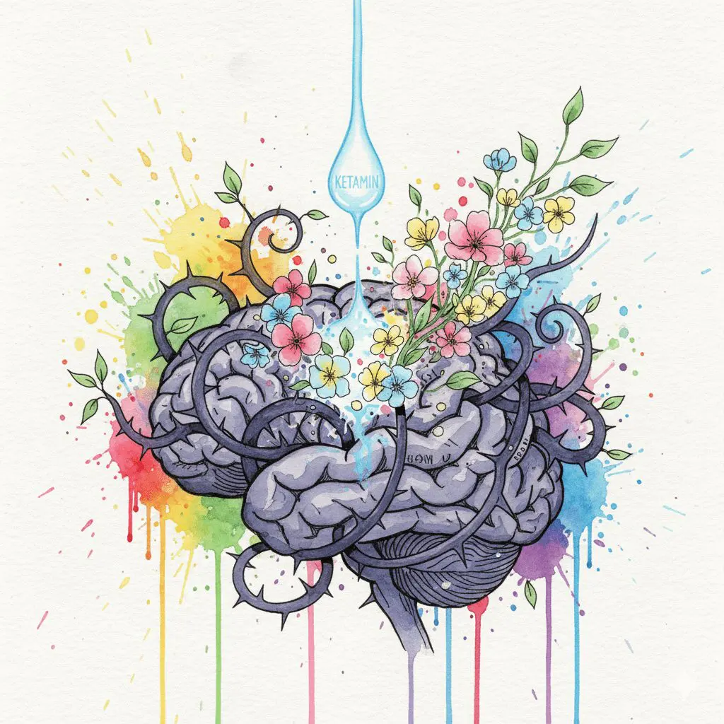 Künstlerische Darstellung der antidepressiven Wirkung von Ketamin, bei der die "Dornen" der Depression aufgelöst werden.