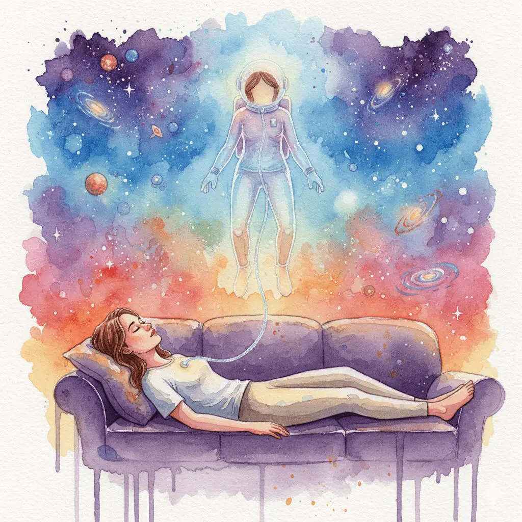 Künstlerische Darstellung der dissoziativen Wirkung von Ketamin, bei der sich das Bewusstsein vom Körper zu lösen scheint.