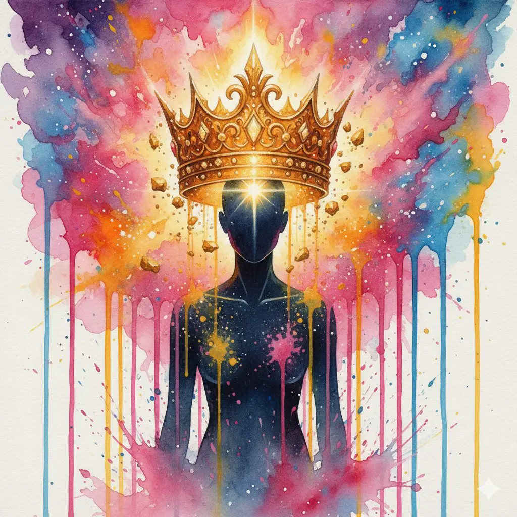 Künstlerische Darstellung des kurzen, intensiven Hochgefühls von Kokain, symbolisiert durch eine prachtvolle, aber zerfallende Krone.