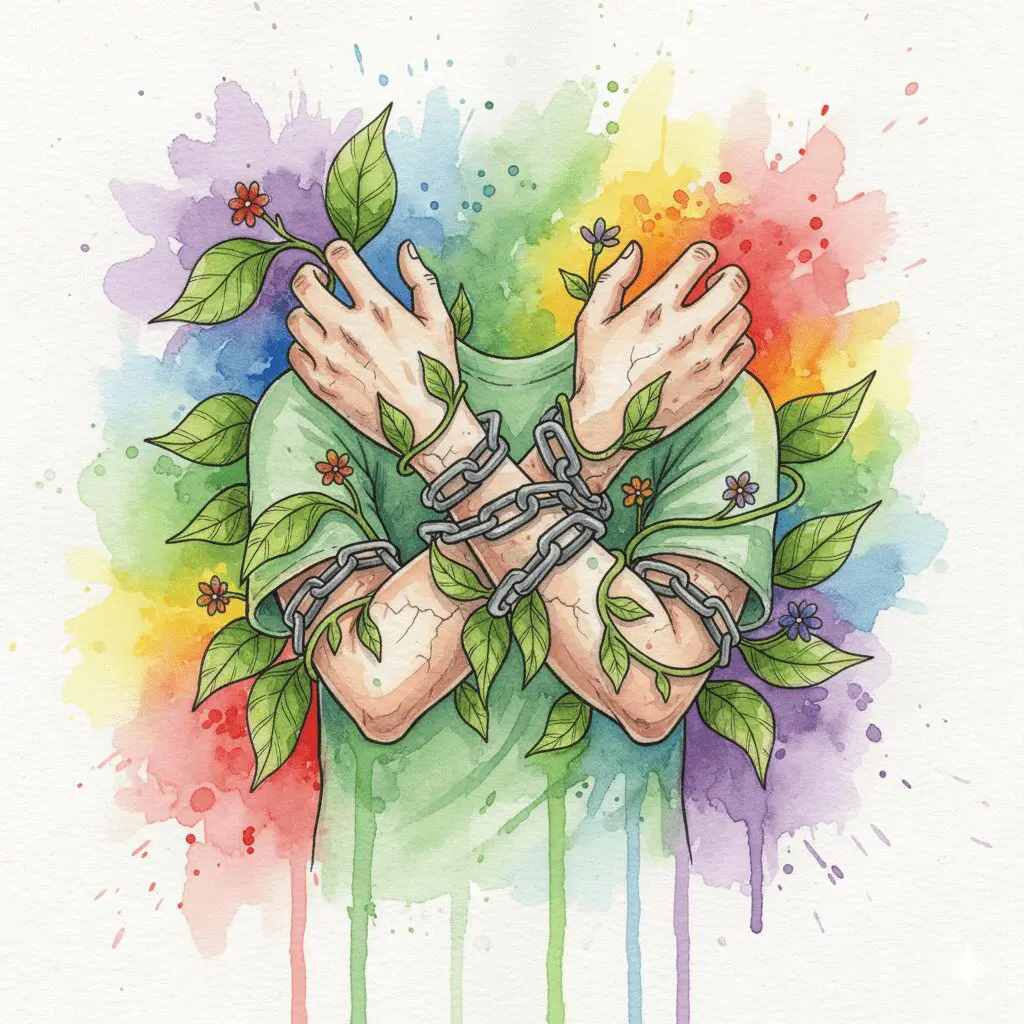 Symbolische Darstellung der Abhängigkeit von Kratom, gezeigt als Ketten aus Pflanzenblättern, die eine Person fesseln.