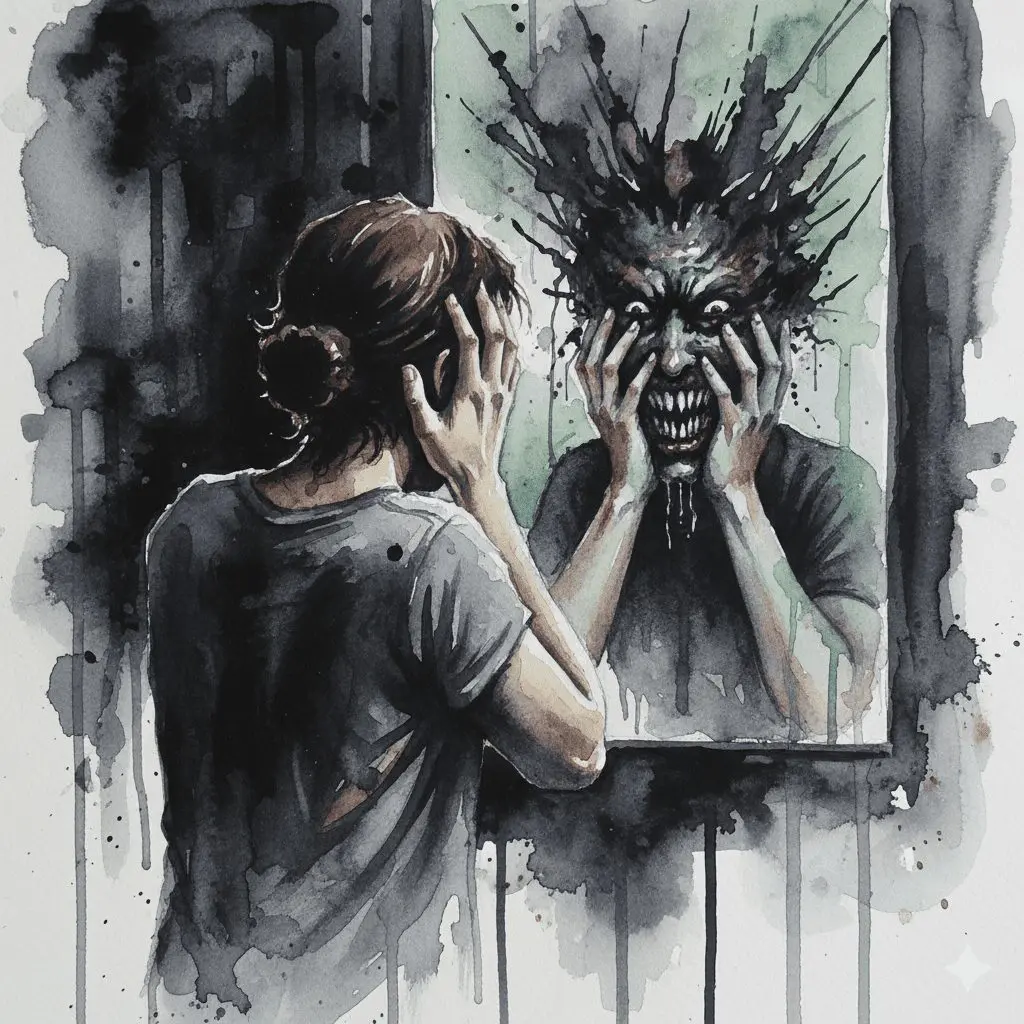 Künstlerische Darstellung eines "Bad Trips" auf LSD, bei dem die eigene Wahrnehmung und das Selbstbild monströs verzerrt werden.