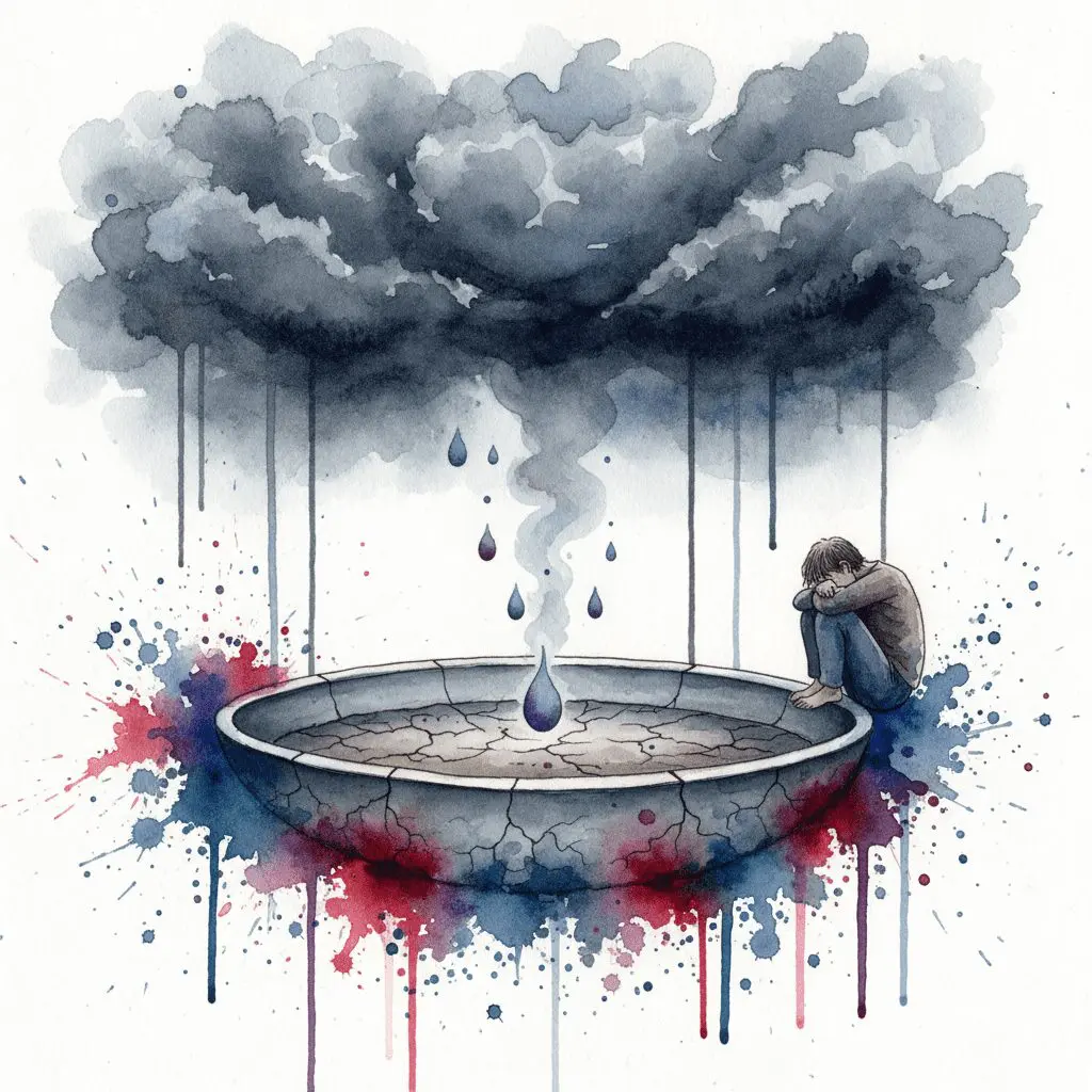 Symbolische Darstellung des "MDMA-Katers" (Suicide Tuesday) als ein leeres Serotonin-Reservoir im Gehirn, das zu Depressionen führt.