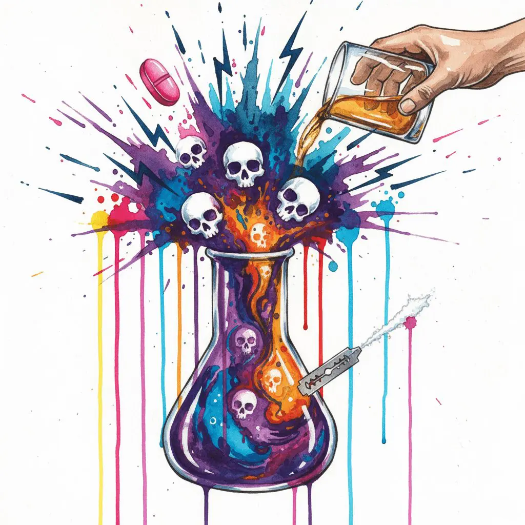 Künstlerische Darstellung der extremen Gefahren von Mischkonsum mit MDMA, Alkohol und Speed als ein explodierendes Reagenzglas.