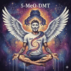Titelbild zum Thema 5-MeO-DMT mit der NeelixberliN-Figur (Anonymous-Maske, Engelsflügel, "Just Clean"-Shirt). Die Figur schwebt in einer meditativen Pose, während sich ihr Bewusstsein in kosmischer Energie auflöst, was den dissoziativen Trip der Kröten-Droge symbolisiert. Oben steht der Titel "5-MeO-DMT".