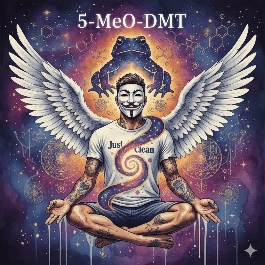 Titelbild zum Thema 5-MeO-DMT mit der NeelixberliN-Figur (Anonymous-Maske, Engelsflügel, "Just Clean"-Shirt). Die Figur schwebt in einer meditativen Pose, während sich ihr Bewusstsein in kosmischer Energie auflöst, was den dissoziativen Trip der Kröten-Droge symbolisiert. Oben steht der Titel "5-MeO-DMT".