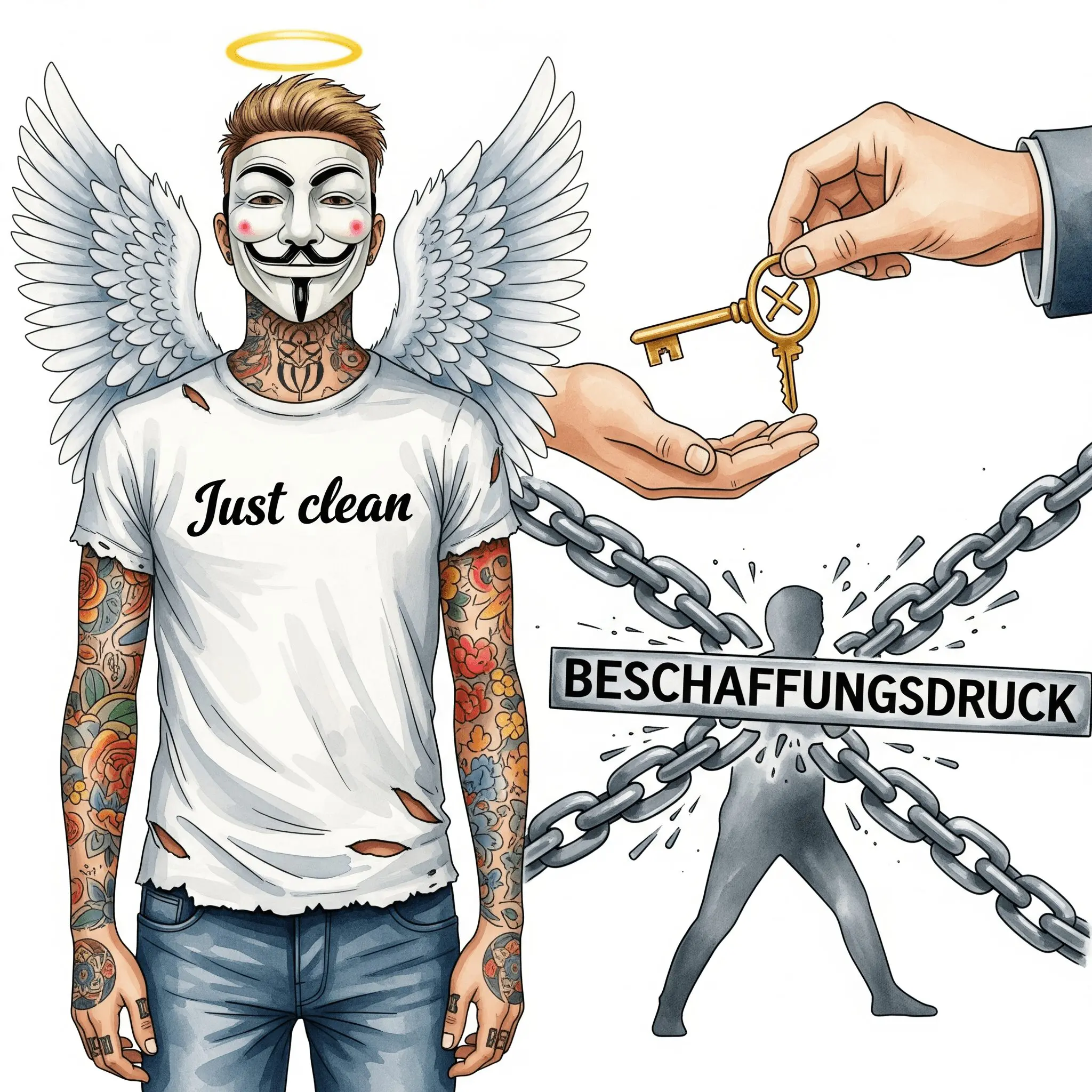 Eine stilisierte Grafik von einer Person, die von schweren Ketten mit der Aufschrift "BESCHAFFUNGSDRUCK" gehalten wird. Eine Hand reicht der Person einen Schlüssel mit einem "§"-Symbol, der die Kette aufschließt. Symbolisiert die Befreiung von der Kriminalität. "Substitutionstherapie Vorteile", "Befreiung von Beschaffungsdruck", "Harm Reduction"