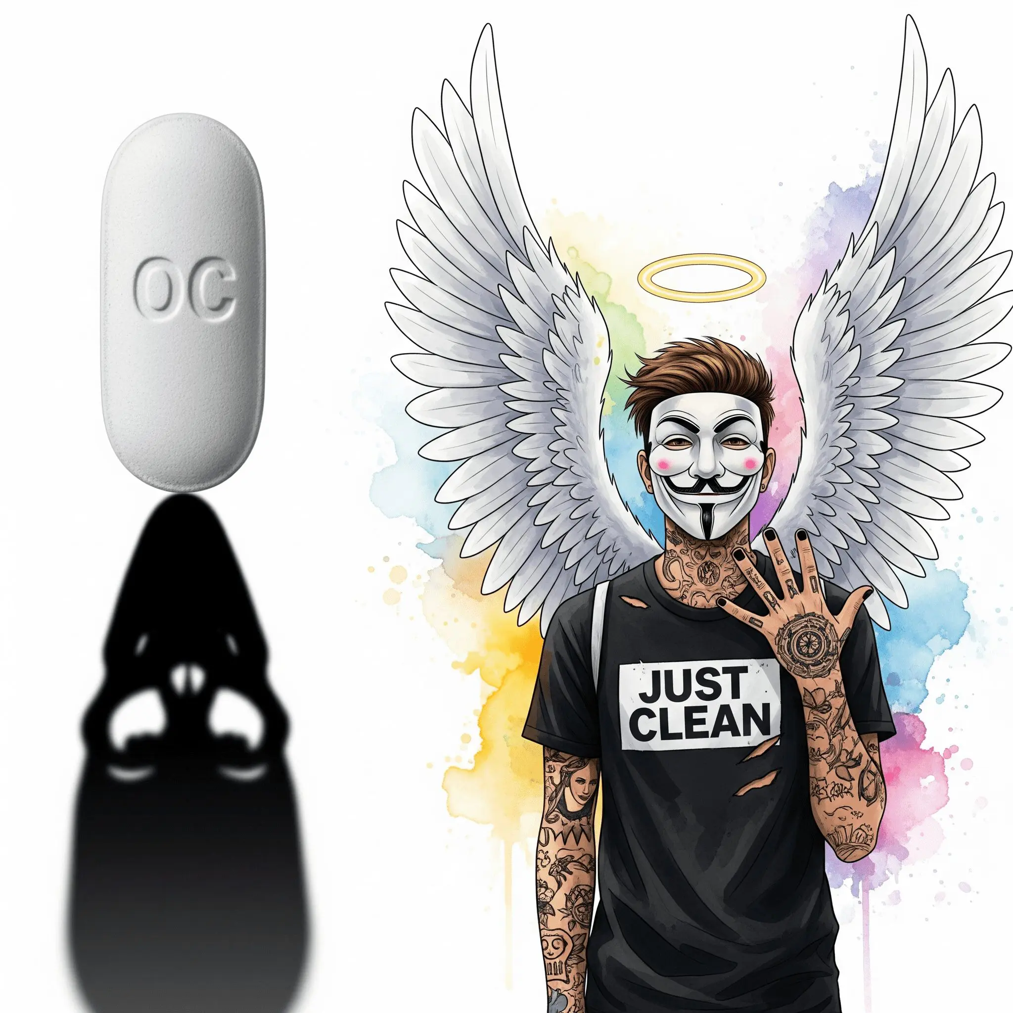 Ein Foto einer einzelnen OxyContin-Pille (erkennbar am "OC"-Aufdruck). Die Pille wirft aber einen langen, dunklen Schatten, der die Form eines Totenkopfs hat. Symbolisiert die versteckte, tödliche Gefahr. "OxyContin Pille", "Purdue Pharma Lüge", "Opioid-Krise Ursache"