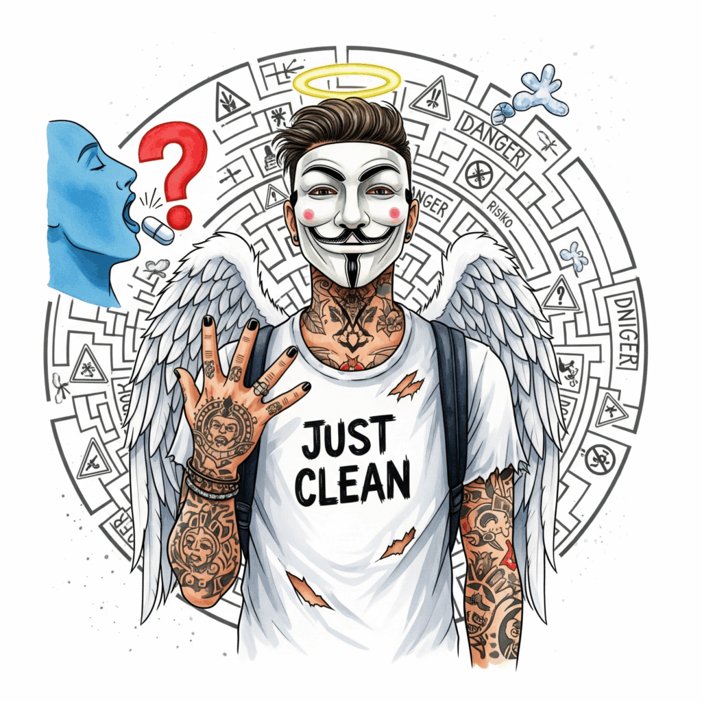 Eine stilisierte Grafik einer Person, die eine Pille mit einem großen Fragezeichen ? darauf schluckt. Im Hintergrund ist ein Labyrinth voller Gefahrensymbole. Symbolisiert den Blindflug beim Konsum. "unbekannte Drogenwirkung", "Risiko Research Chemicals", "Versuchskaninchen"