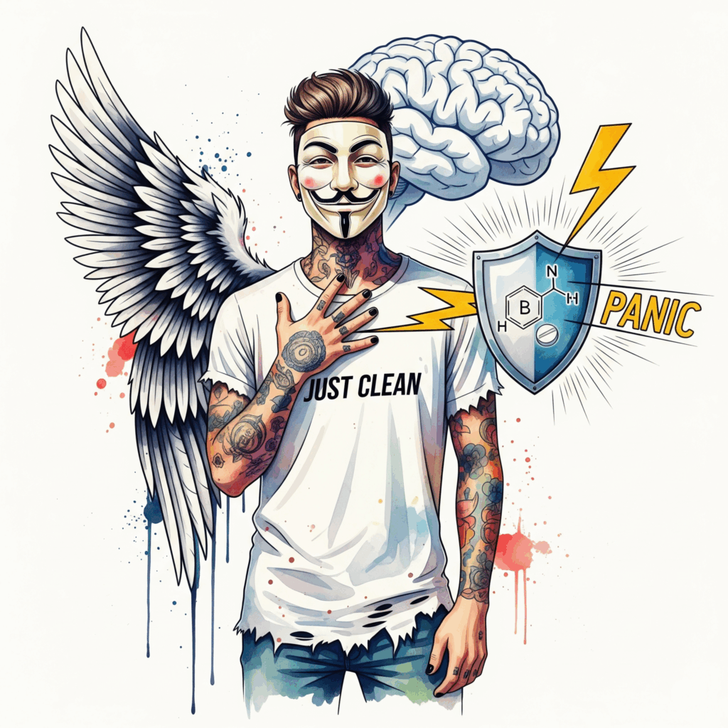 Eine stilisierte Grafik eines Gehirns. Ein "Panik"-Blitz ⚡ schlägt ein, aber ein Schutzschild mit einem Benzodiazepin-Molekül-Symbol fängt ihn ab. Symbolisiert die schnelle, akute Wirkung. "Wirkung von Lorazepam", "Benzodiazepine Gehirn", "Angst dämpfen"