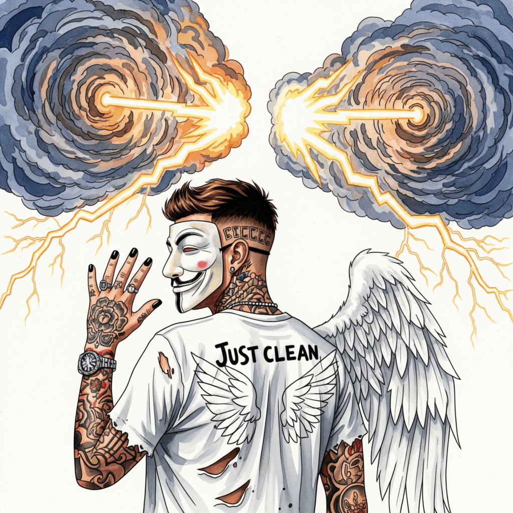 Eine stilisierte Grafik von zwei stürmischen, wirbelnden Wolken, die aufeinanderprallen und Blitze erzeugen. Symbolisiert die hochexplosive Dynamik in der Beziehung "toxische Beziehung", "Streit und Sucht", "Doppeldiagnose Beziehung"