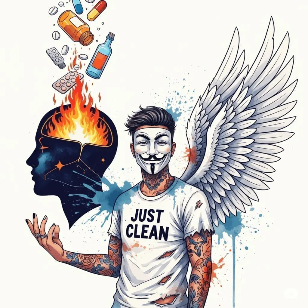 Eine stilisierte Grafik eines Kopfes im Profil. Im Inneren ist ein loderndes Feuer, in das von oben Pillen und Flaschen wie Brandbeschleuniger hineinfallen. Symbolisiert, wie Drogen die Symptome verschlimmern. "Doppeldiagnose Bipolar Sucht", "Teufelskreis psychische Erkrankung", "Drogen als Brandbeschleuniger"