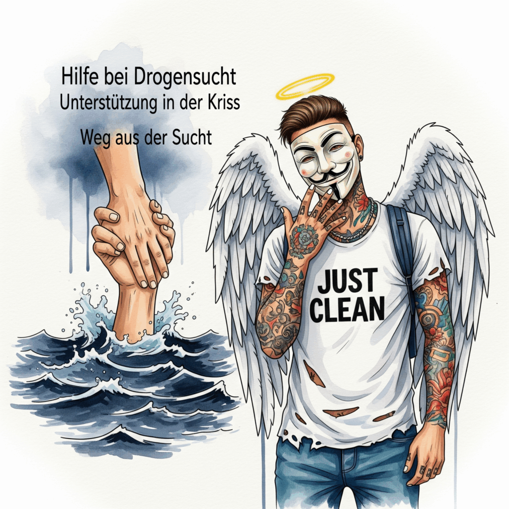 Eine Hand, die einer anderen Hand aus einem dunklen, stürmischen Wasser hilft. Die Geste ist rettend und hoffnungsvoll. Symbolisiert das Annehmen von professioneller Hilfe. "Hilfe bei Drogensucht", "Unterstützung in der Krise", "Weg aus der Sucht"
