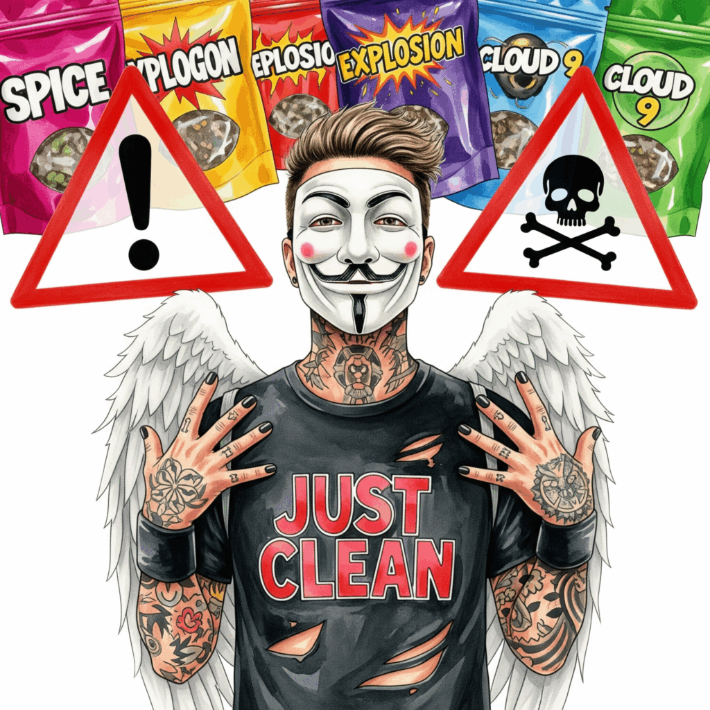 Eine Collage aus bunten, verlockend aussehenden Tütchen mit fantasievollen Namen ("Spice", "Explosion", "Cloud 9"). Über die Collage ist aber ein großes, rotes Warnsymbol ⚠️ oder ein Totenkopf ☠️ gelegt. Symbolisiert die trügerische Fassade."Legal Highs Verpackung", "Research Chemicals Gefahr", "Neue psychoaktive Stoffe"
