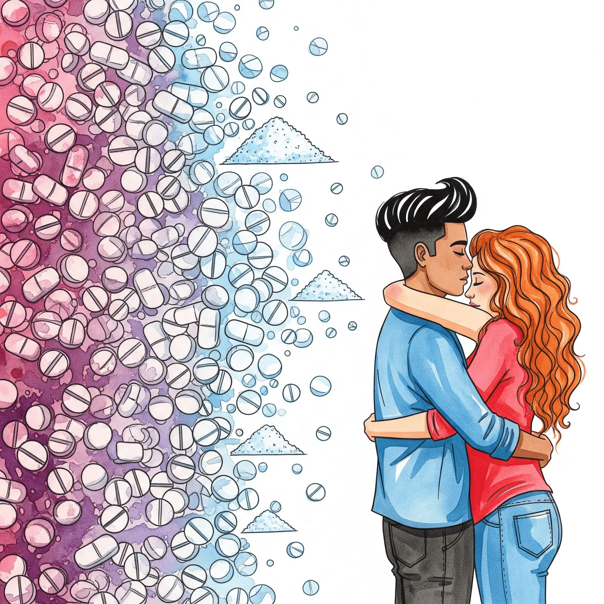 Eine stilisierte Grafik von zwei Personen, die sich umarmen wollen. Zwischen ihnen befindet sich aber eine dicke, undurchdringliche Wand aus Pillen- und Pulver-Symbolen. Symbolisiert, wie Drogen echte Nähe blockieren. "Drogen und Beziehungen", "Verlust von Intimität", "Sucht und Sexualität"