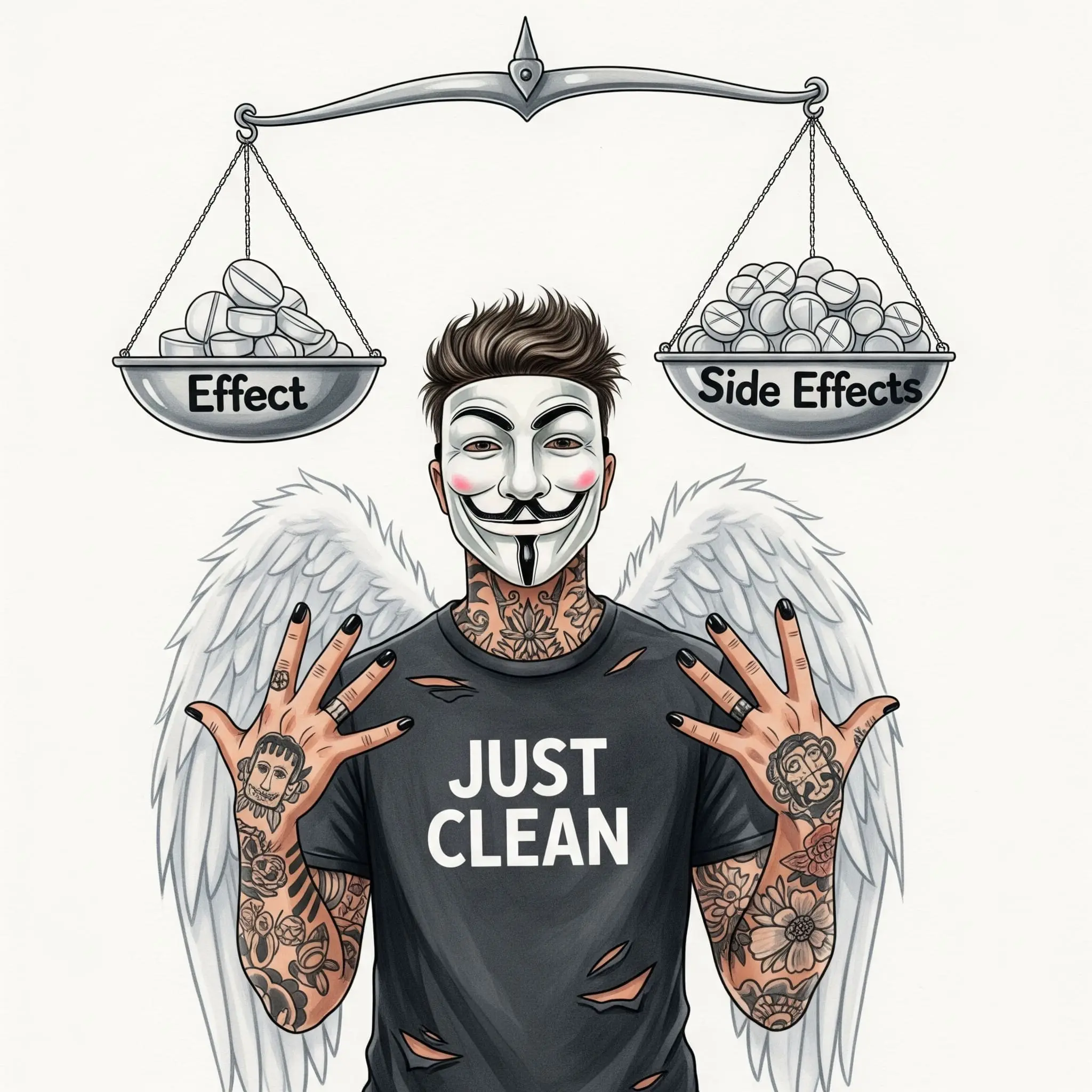 Eine stilisierte Grafik einer Waage, die aus dem Gleichgewicht geraten ist. Auf der einen Seite steht "Wirkung", auf der anderen eine viel größere Schale mit der Aufschrift "Nebenwirkungen". Symbolisiert das unausgewogene Risiko-Nutzen-Verhältnis bei Missbrauch. "Risiken Antipsychotika", "Nebenwirkungen Quetiapin", "Medikamentenmissbrauch Folgen"