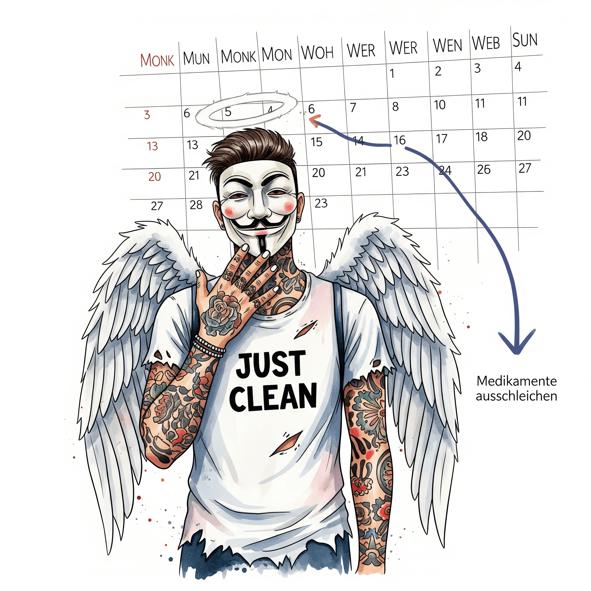Ein Kalender, bei dem sehr viele Tage (mehrere Wochen oder Monate) markiert sind. Ein Pfeil zeigt langsam und schrittweise nach unten. Symbolisiert den langen und langsamen "Ausschleich"-Prozess beim Entzug. "Clonazepam Entzug", "Benzo Entzug Dauer", "Medikamente ausschleichen"