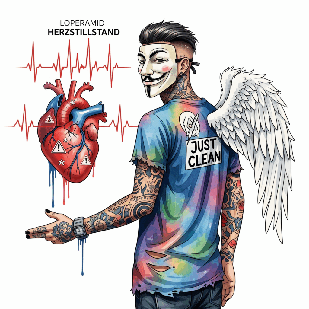 Eine stilisierte Grafik eines menschlichen Herzens mit einer chaotischen, zuckenden EKG-Linie darüber. Die Grafik ist rot und mit Warnsymbolen versehen. Symbolisiert die Kardiotoxizität. "Loperamid Herzstillstand", "Kardiotoxizität", "Herzrhythmusstörungen durch Drogen"