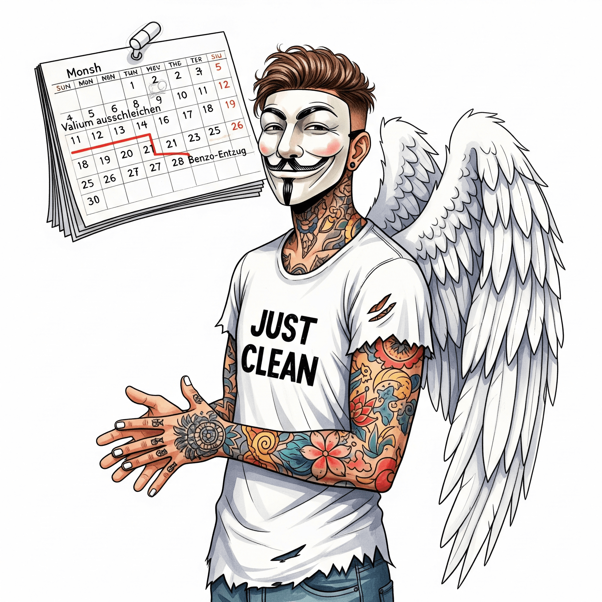 Ein Kalender, bei dem ein Zeitraum von mehreren Monaten markiert ist. Eine Linie, die die Dosis darstellt, senkt sich über diesen langen Zeitraum nur sehr langsam ab. Symbolisiert den langwierigen Entzugsprozess. "Diazepam Entzug Dauer", "Valium ausschleichen", "langer Benzo-Entzug"