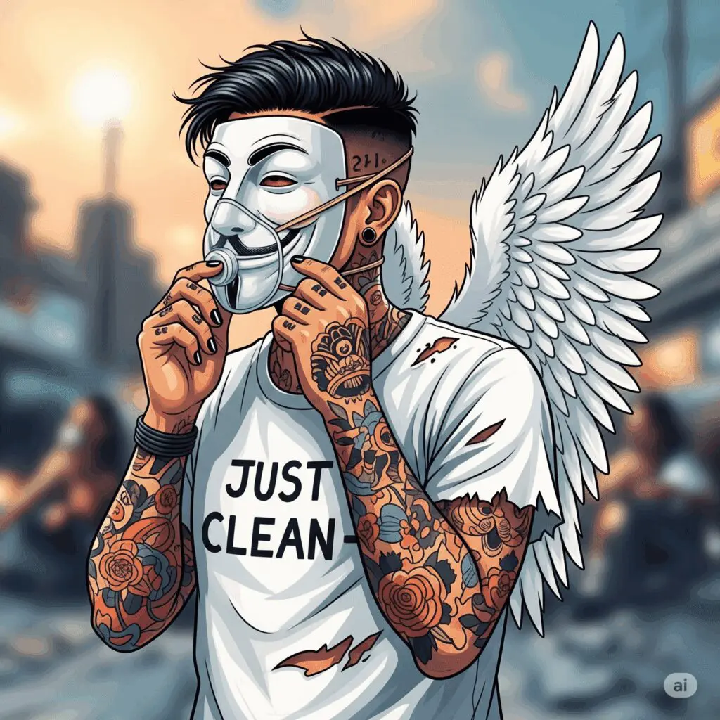 Eine stilisierte Grafik einer Person, die ruhig und bewusst eine Sauerstoffmaske aufsetzt. Im Hintergrund ist eine verschwommene, chaotische Szene zu sehen. Symbolisiert die Notwendigkeit der Selbstfürsorge inmitten des Chaos. "Selbstfürsorge für Angehörige", "eigene Sauerstoffmaske zuerst", "Burnout Prävention"