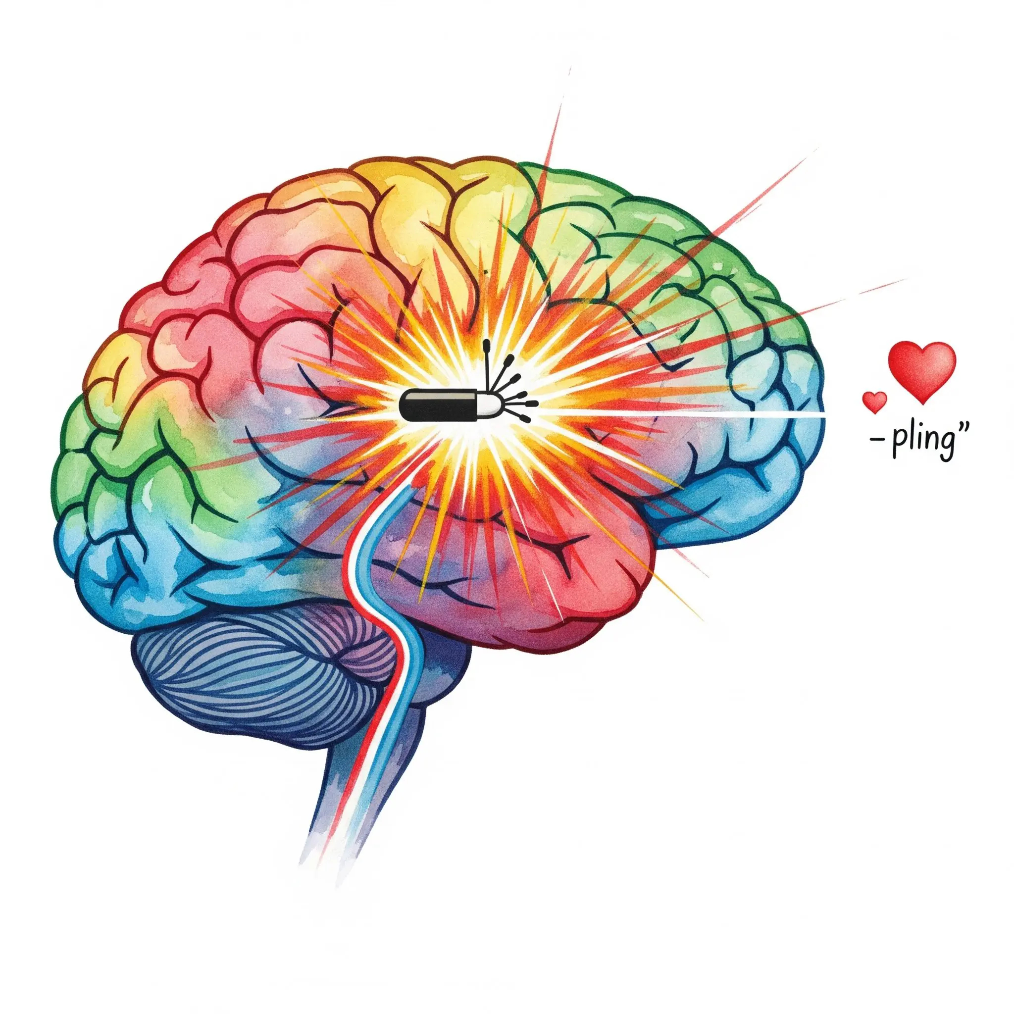 Ein Gehirn, in dem der "Belohnungspfad" hell aufleuchtet. Ein Drogen-Symbol erzeugt eine riesige "Explosion" auf diesem Pfad. Ein Herz-Symbol daneben erzeugt nur ein winziges "Pling". Symbolisiert, wie Drogen natürliche Belohnungen entwerten. "Dopamin und Sucht", "Belohnungssystem Gehirn", "Neurobiologie der Sucht"