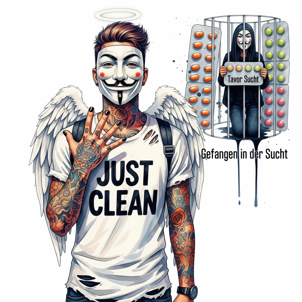 Eine stilisierte Grafik einer Person, die in einem Käfig aus Pillen-Blistern gefangen ist. Die Stäbe des Käfigs sind die Tablettenreihen. Symbolisiert die Abhängigkeitsfalle. "Benzodiazepin-Abhängigkeit", "Tavor Sucht", "gefangen in der Sucht"