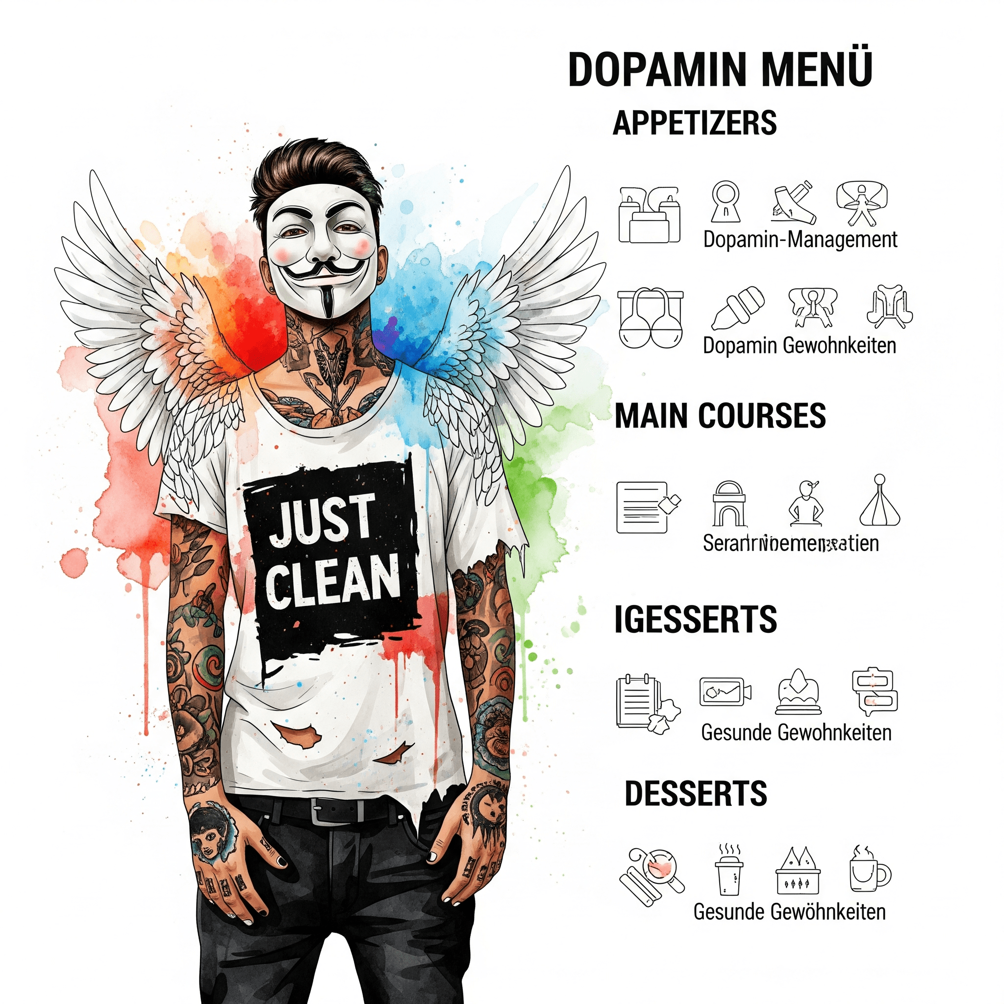 Eine Infografik im Stil einer Speisekarte mit den Überschriften "Vorspeisen", "Hauptgerichte", "Desserts" etc. In jeder Kategorie stehen kleine, ansprechende Icons für die jeweiligen Aktivitäten. "Dopamin Menü", "Dopamin-Management", "gesunde Gewohnheiten"