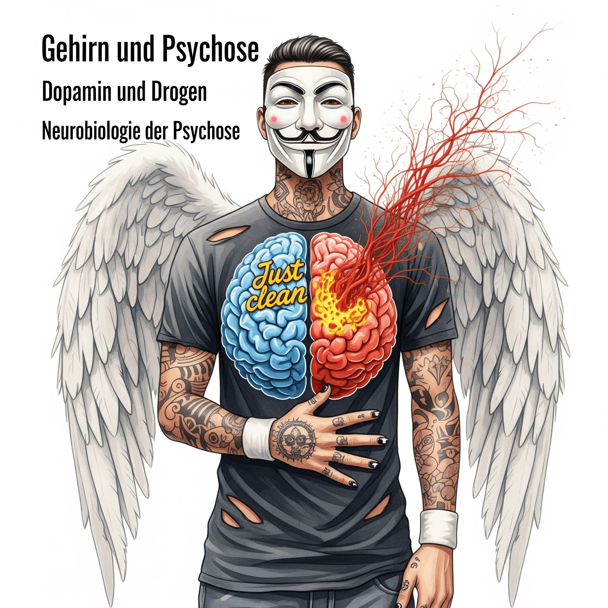 Eine stilisierte Grafik eines Gehirns. Ein Teil des Gehirns ist normal, der andere Teil ist überhitzt, rot und zeigt chaotische, fehlerhafte Verbindungen. Symbolisiert die gestörte Hirnfunktion. "Gehirn und Psychose", "Dopamin und Drogen", "Neurobiologie der Psychose"