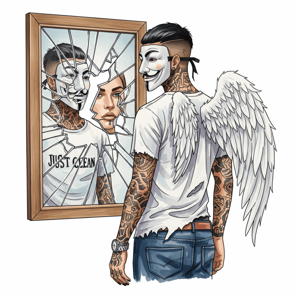 Ein zerbrochener Spiegel. In den Scherben sieht man nur fragmentierte, verzerrte Teile eines Gesichts, aber keinen ganzen Körper. Symbolisiert die gestörte Selbstwahrnehmung und das zerbrochene Ich. "Körperbildstörung", "verzerrte Wahrnehmung Essstörung", "psychische Erkrankung"