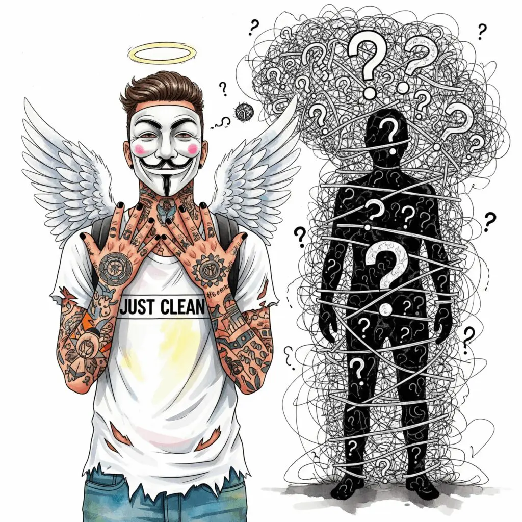 Die Silhouette einer Person, die in einem stilisierten, chaotischen "Gedanken-Käfig" aus wirren Linien und Fragezeichen gefangen ist. Symbolisiert die lähmende Wirkung einer Angststörung. "Symptome Angststörung", "gefangen in der Angst", "psychische Gesundheit"