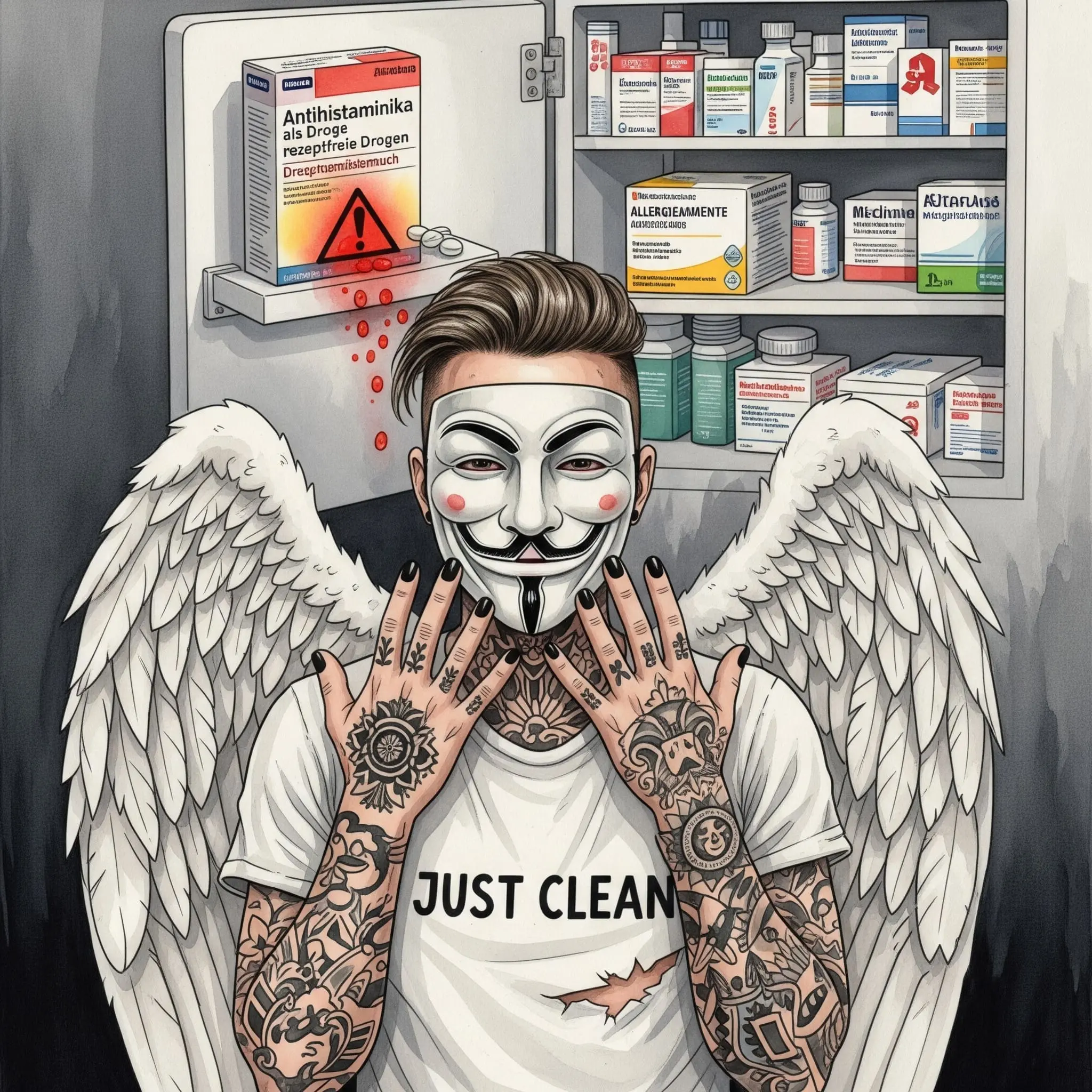 Ein offener Medizinschrank, gefüllt mit normalen Medikamenten. Eine einzelne, unscheinbare Schachtel Allergiemittel leuchtet aber bedrohlich rot oder hat ein Warnsymbol. Symbolisiert die versteckte Gefahr. "Gefahr Medikamentenmissbrauch", "Antihistaminika als Droge", "rezeptfreie Drogen"