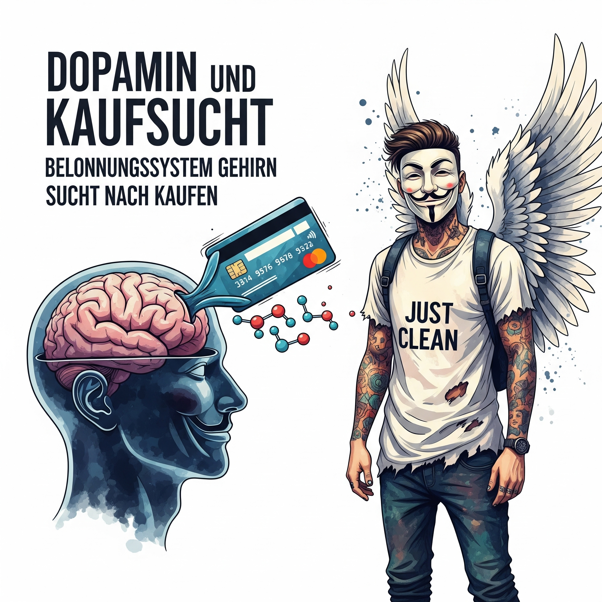 Eine stilisierte Grafik einer Kreditkarte, die durch ein Gehirn gezogen wird. Bei jedem Durchziehen wird ein Dopamin-Molekül freigesetzt. Symbolisiert den neurobiologischen Suchtmechanismus. "Dopamin und Kaufsucht", "Belohnungssystem Gehirn", "Sucht nach Kaufen"