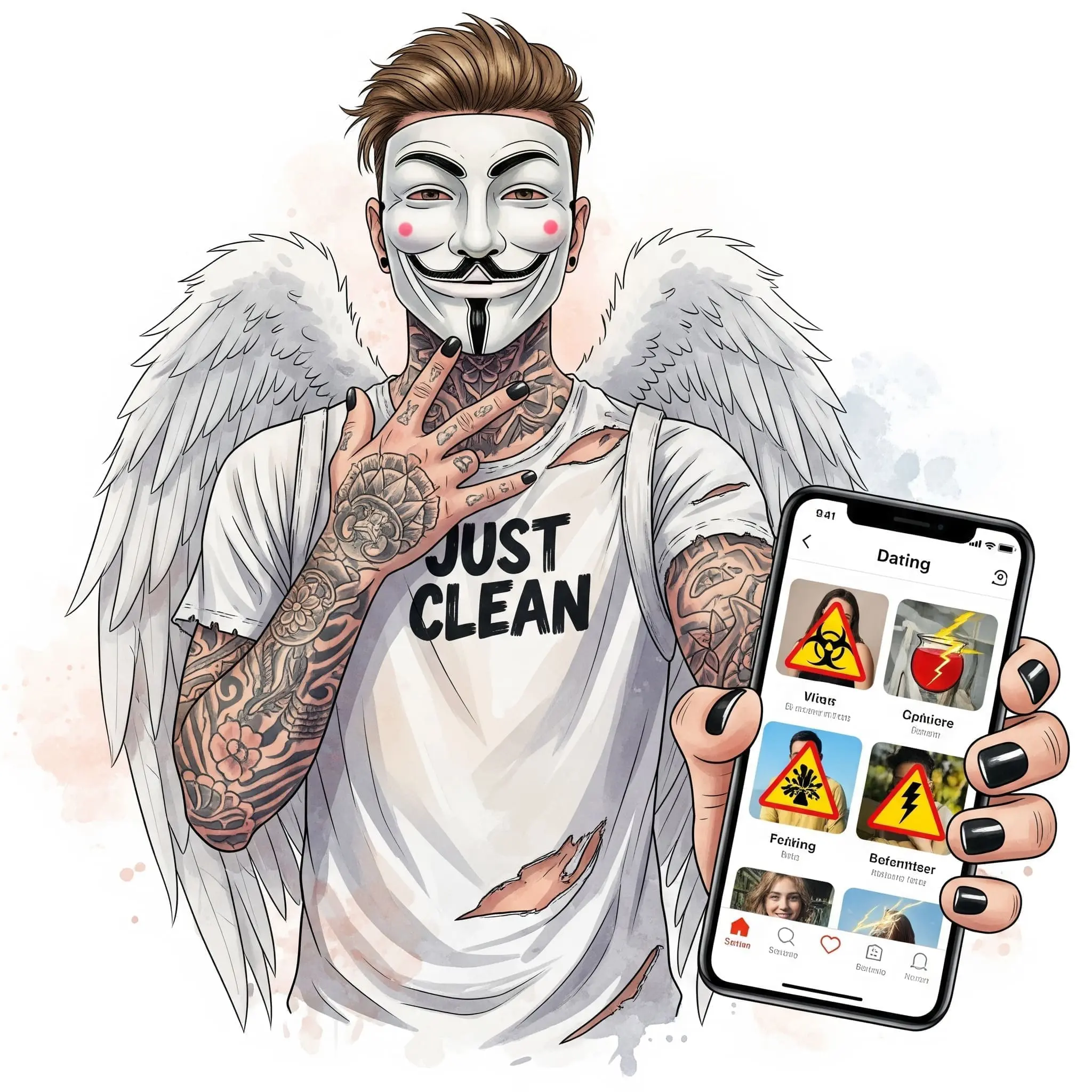 Ein Smartphone-Display mit einer Dating-App. Die Profilbilder sind aber durch Warnsymbole (Biohazard, Gift, Blitz) ersetzt. Symbolisiert die versteckten Risiken bei der Verabredung zum Chemsex. "Risiken Chemsex", "Gefahr bei Dating Apps", "Safer Use"
