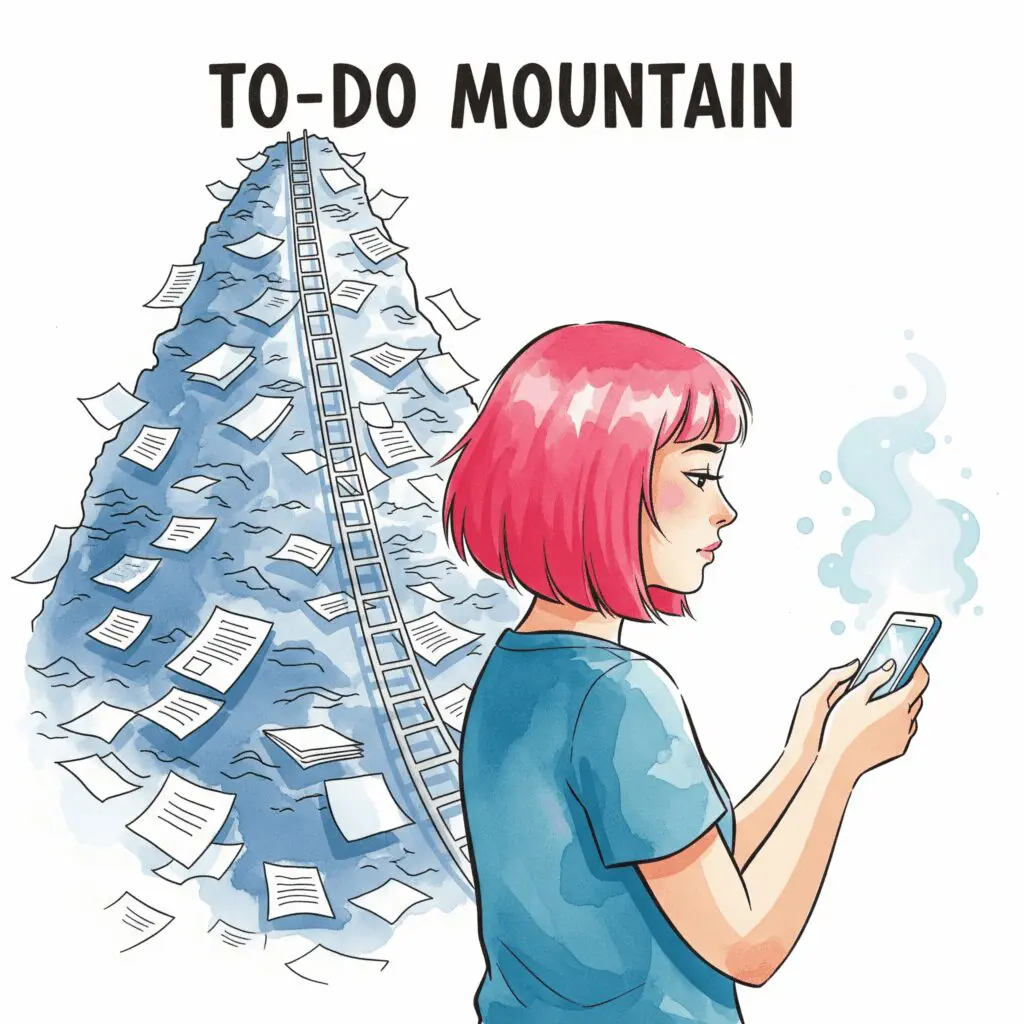 Eine stilisierte Grafik einer Person, die vor einem großen, bedrohlichen Berg aus Papieren und Aufgaben ("To-Do Berg") steht. Statt den Berg zu erklimmen, dreht sich die Person um und beschäftigt sich mit einem kleinen, leuchtenden Smartphone. "Prokrastination erklärt", "Aufschieben von Aufgaben", "Vermeidungsverhalten"