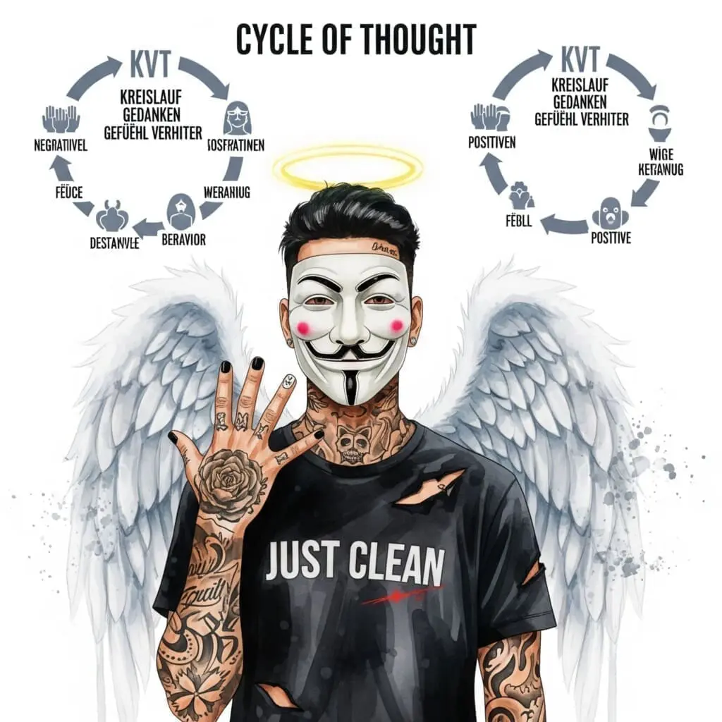 Infografik: Kreislauf aus Gedanken -> Gefühl -> Verhalten -> Ergebnis, einmal negativ, einmal positiv dargestellt.
Keywords für Bild-Alt-Text: "KVT Kreislauf Gedanken Gefühl Verhalten"