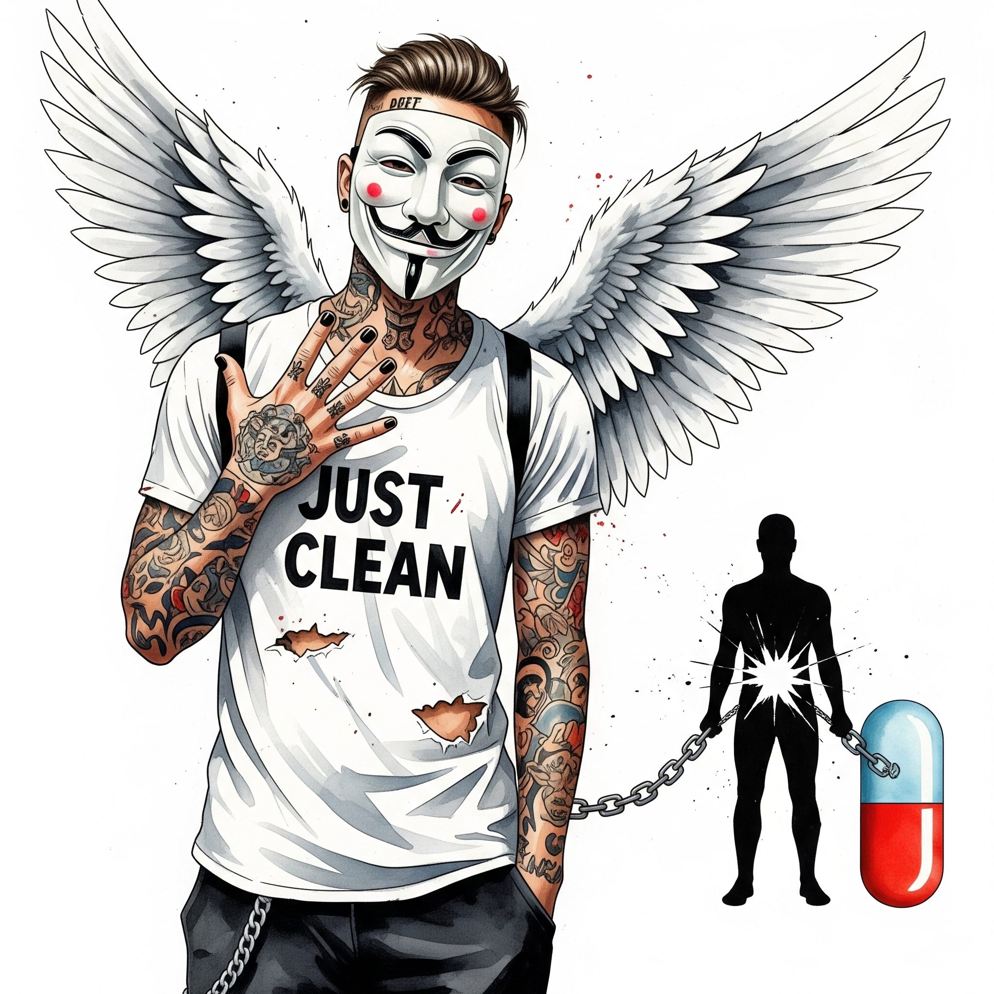 Eine Grafik, die eine menschliche Silhouette zeigt, die von schweren Ketten gehalten wird, die zu einem Pillen-Symbol führen. Symbolisiert die starke körperliche Abhängigkeit. "Opioidabhängigkeit", "Levomethadon Entzug", "körperliche Abhängigkeit"