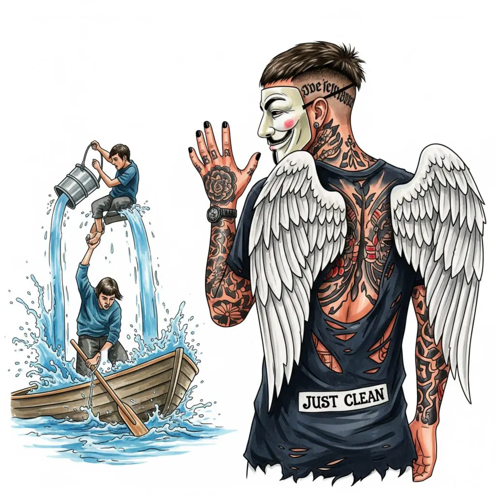 Eine Person, die versucht, ein sinkendes Boot (Symbol für die Sucht/den Süchtigen) mit einem kleinen Eimer auszuschöpfen, während das Wasser von allen Seiten eindringt. Symbol für die vergebliche Mühe und das Aufrechterhalten eines kaputten Systems.
Keywords: "Co-Abhängigkeit Sucht aufrechterhalten", "Vergebliches Helfen Sucht", "Co-Abhängigkeit Teufelskreis"