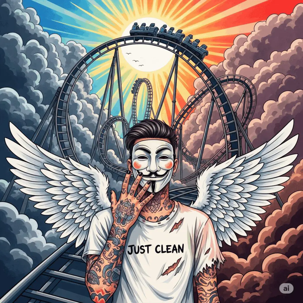 Eine stilisierte Grafik einer riesigen, furchteinflößenden Achterbahnstrecke, die durch dunkle Wolken und helle Sonnenstrahlen führt. Symbolisiert die extremen Hochs und Tiefs der Recovery. "Achterbahn der Gefühle", "Recovery ist ein Prozess", "Umgang mit Emotionen"