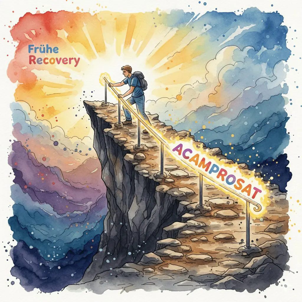 Symbolische Darstellung von Acamprosat als unterstützendes Geländer auf dem schwierigen Weg der Alkohol-Abstinenz.