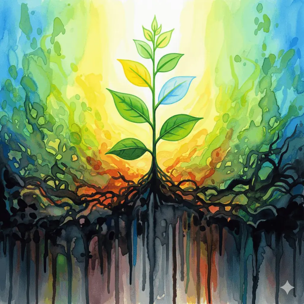 Symbolische Darstellung der Genesung von einer Alprazolam (Xanax) Abhängigkeit, gezeigt als eine aus dem Chaos wachsende Pflanze in hellen Watercolor-Farben.