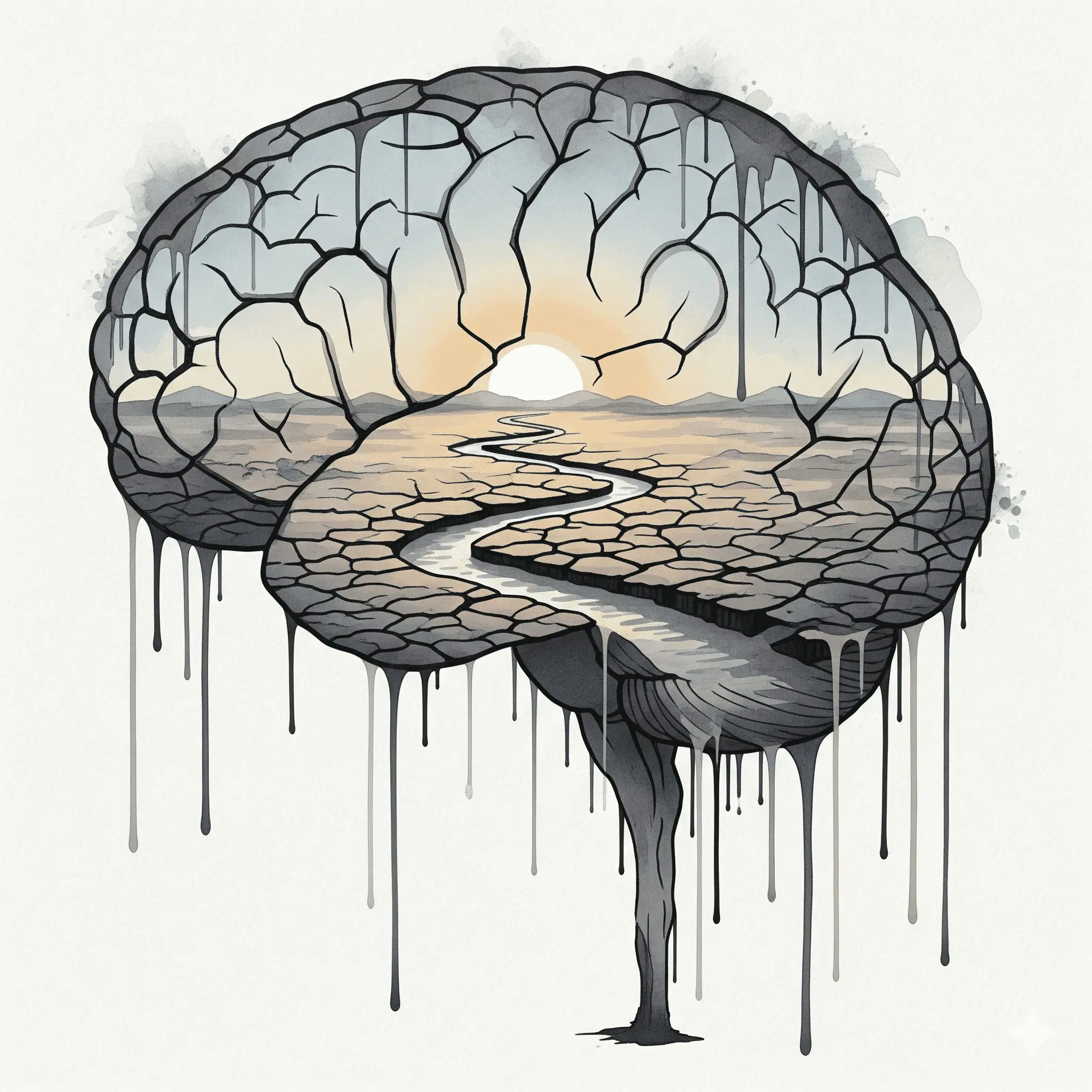 Künstlerische Darstellung der Dopamin-Erschöpfung im Gehirn während des Amphetamin-Entzugs, gezeigt als ausgetrocknete Wüstenlandschaft.