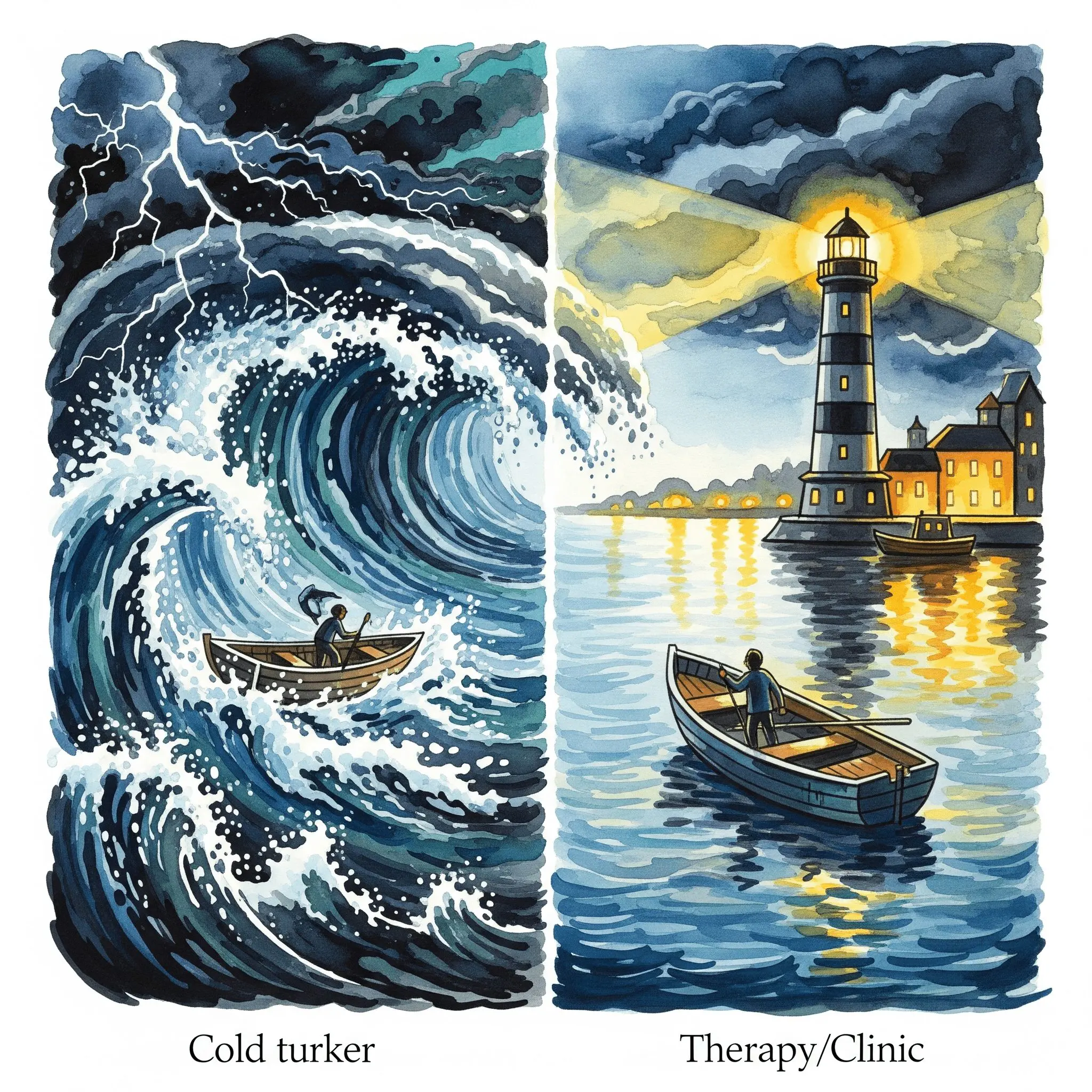 Symbolischer Vergleich zwischen einem gefährlichen Kaltentzug (Boot im Sturm) und einem sicheren, qualifizierten Entzug (Boot im Hafen).