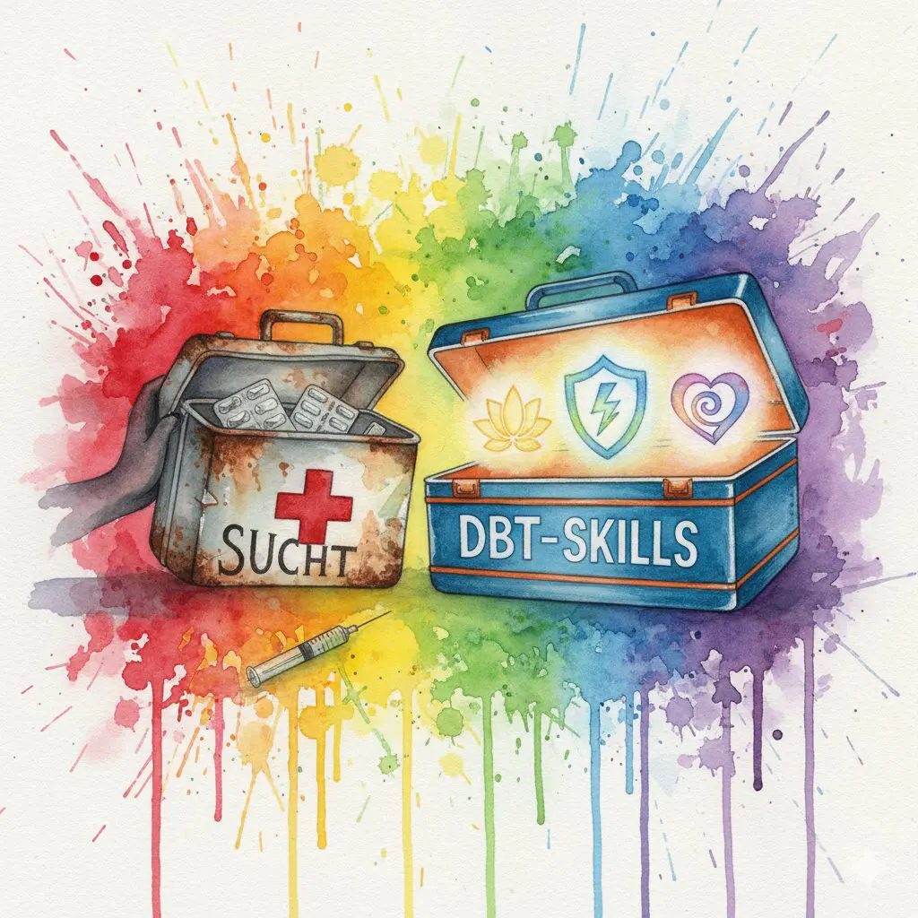 Ein neuer "DBT-SKILLS"-Werkzeugkoffer ersetzt den alten, kaputten "SUCHT"-Kasten. Symbol für die Heilung von Borderline durch Erlernen neuer Fähigkeiten.