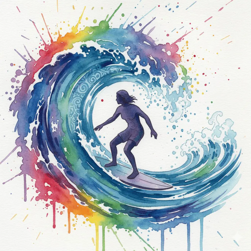 Eine Person surft auf einer riesigen Tsunami-Welle. Symbol für die Emotionsregulation (DBT) bei Borderline, das Gefühl zu reiten, statt darin zu ertrinken.