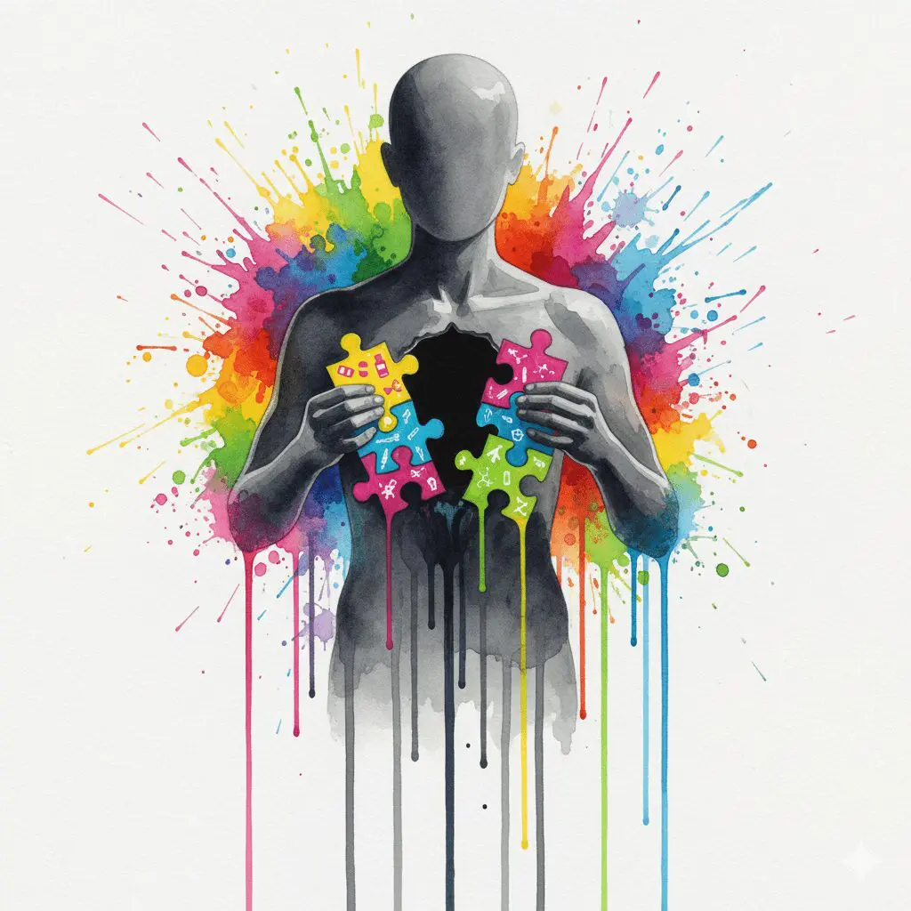 Künstlerische Darstellung der Motivationen hinter Chemsex, bei der Drogen genutzt werden, um eine innere Leere zu füllen.